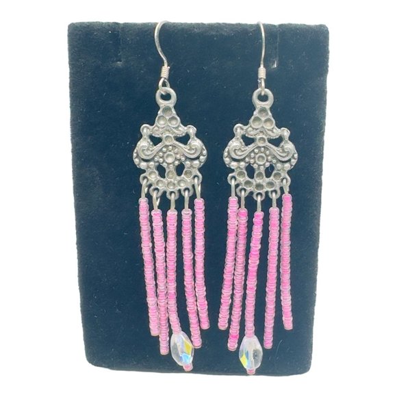 Vintage 1960s Pink Chandelier Earrings Artisan Crafted With Szezh Glass Beading - Picture 5 of 8